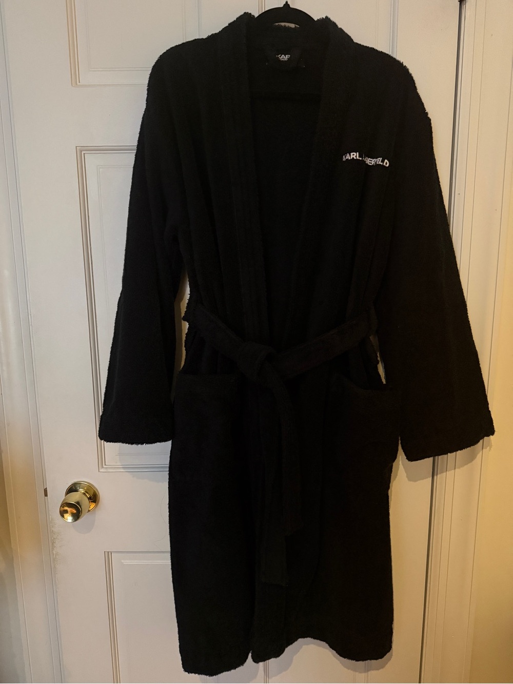 Karl Lagerfeld Black Plush Hooded Bathrobe with Pockets